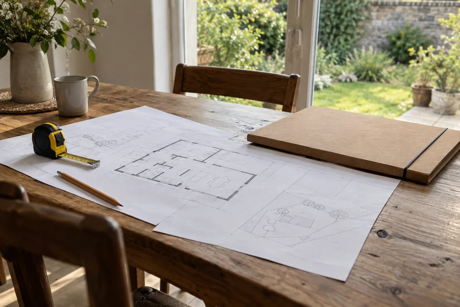Plans, dossier et mètre posés sur une table près d’une fenêtre.