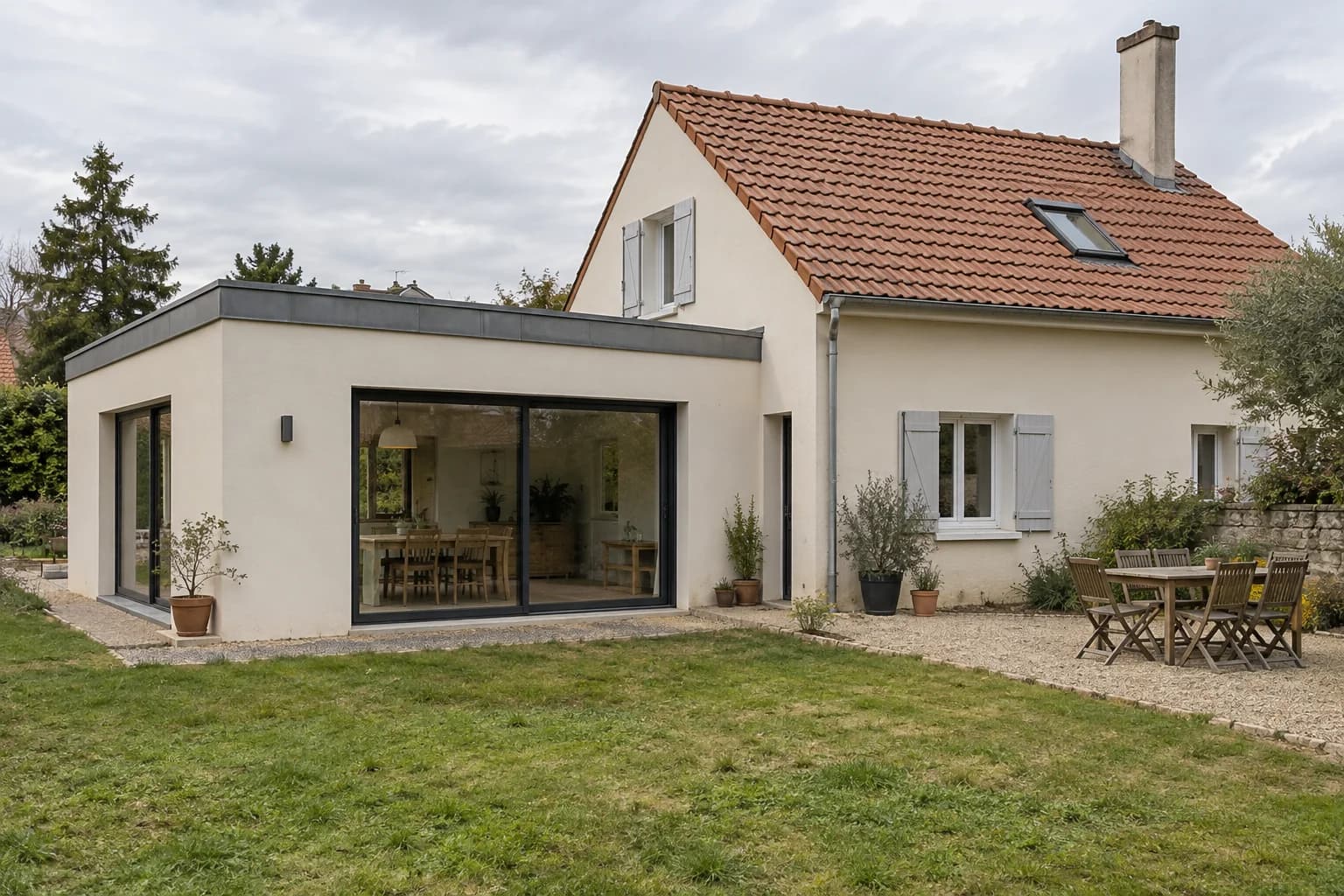 Maison avec une extension de plain-pied donnant sur le jardin.