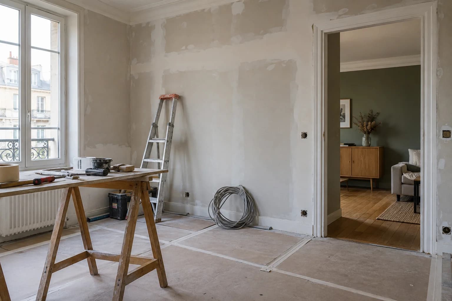 Pièce en rénovation avec murs préparés, sol protégé et outils rangés.