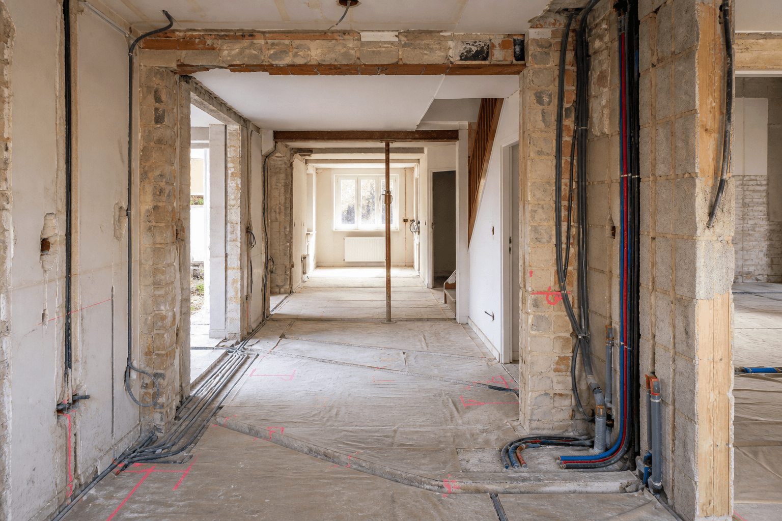 Chantier de rénovation complète avec structure et réseaux apparents