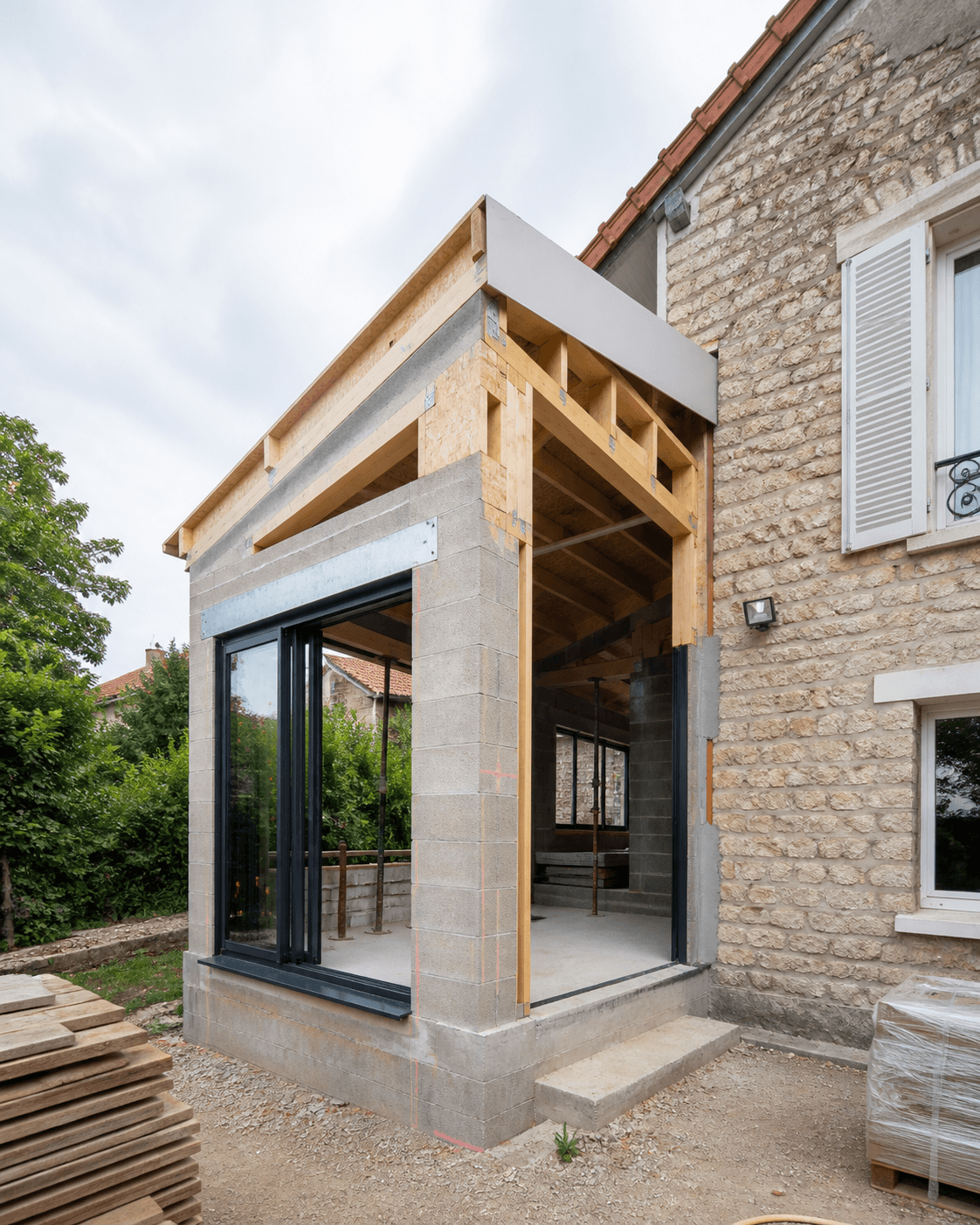 Extension de maison en phase structurelle raccordée à un bâtiment existant
